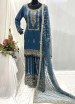 Georgette Blue Wedding Wear Hand Work Readymade Plazzo Suit